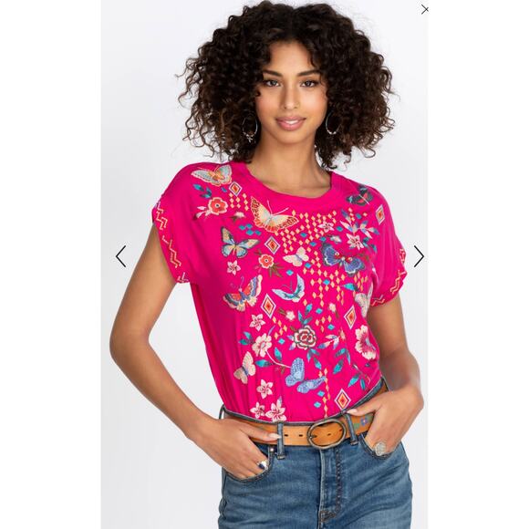 Johnny Was Mariposa Relaxed Pink Embroidered Tee Size M - Picture 1 of 9